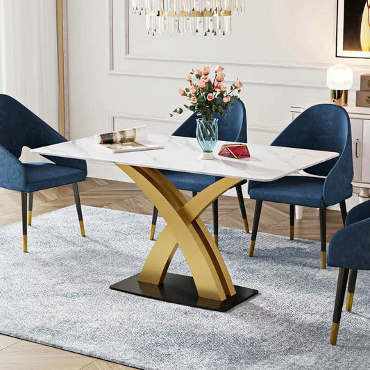 160cm-Sleek And Modern Rectangular Dining Table with White Marble Top and Black X-Base