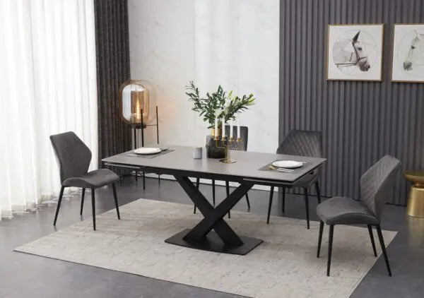 Sleek And Modern Rectangular Dining Table with White Marble Top and Black X-Base