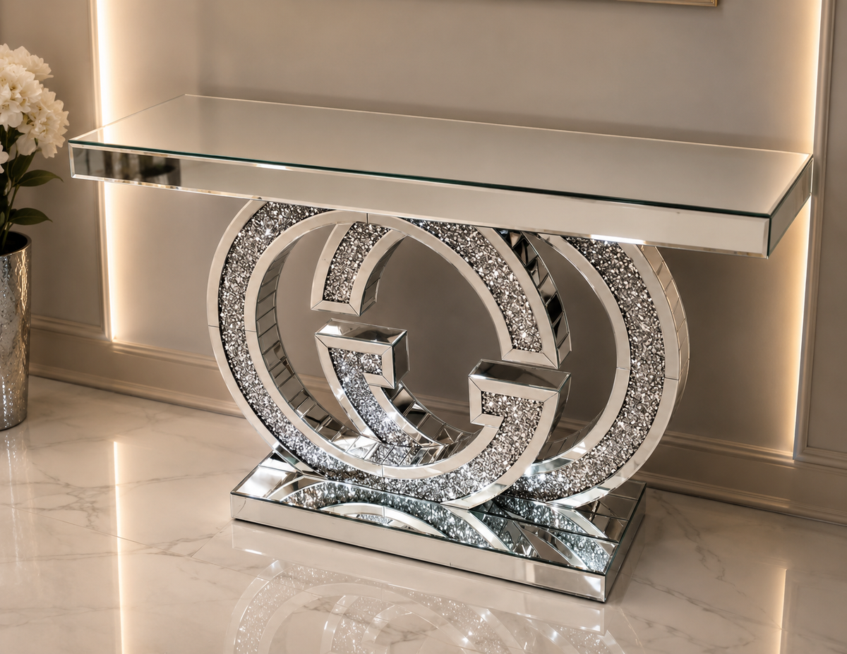 Large Elegant Mirrored Crushed Diamond Console Table for Hallway and Living Room