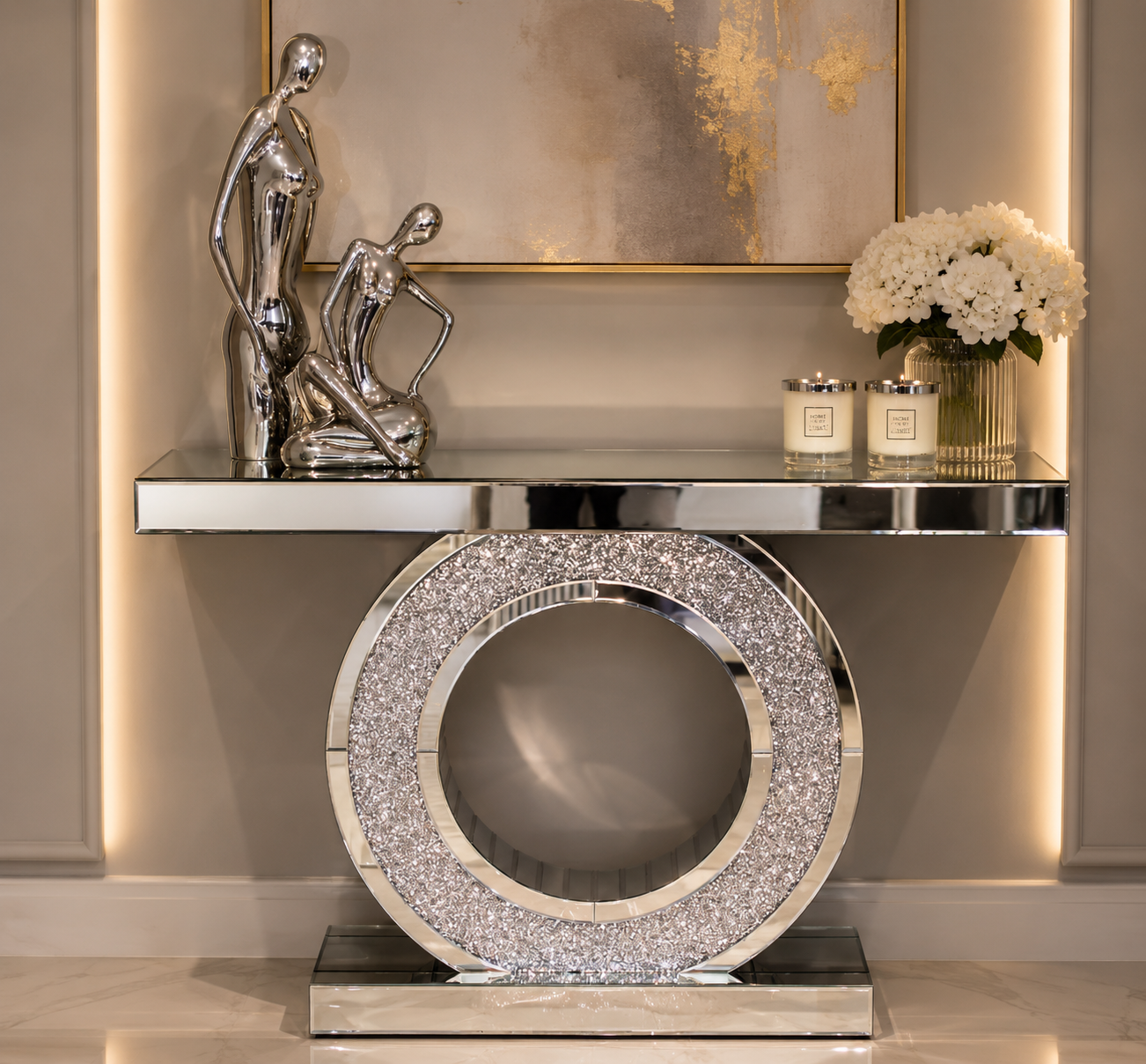 Crushed Diamond Mirrored O-Shape Console Table