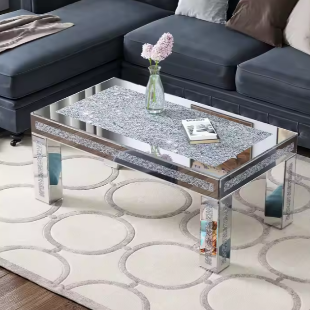 Exquisite Crystal Top Mirrored Coffee Table: Elevate Your Décor with Glamour