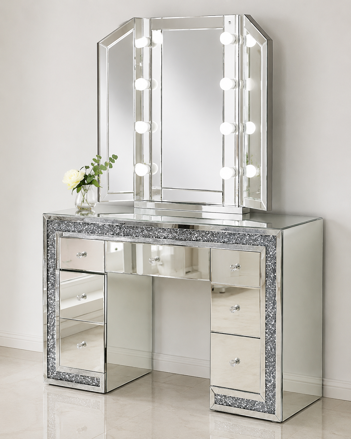 Large Mirrored Crushed Crystal 7 Drawer Dressing Table