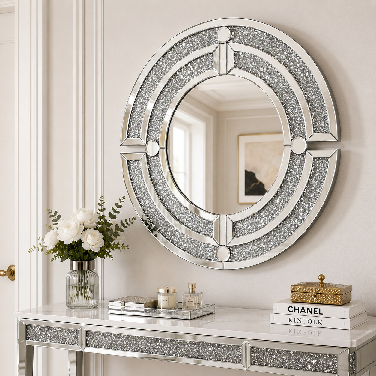 Luxury Round Crushed Diamond Mirror – Double-Paneled, Sparkling Glam Decor