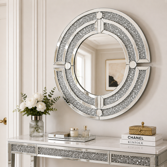 Luxury Round Crushed Diamond Mirror – Double-Paneled, Sparkling Glam Decor