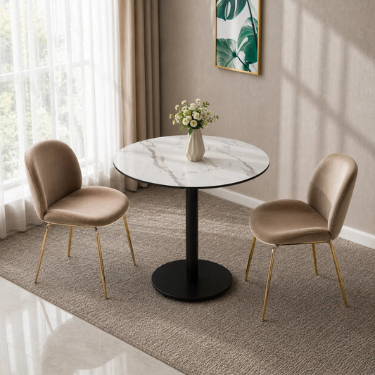 Round White Marble Dining Table with Black Steel Pedestal Legs