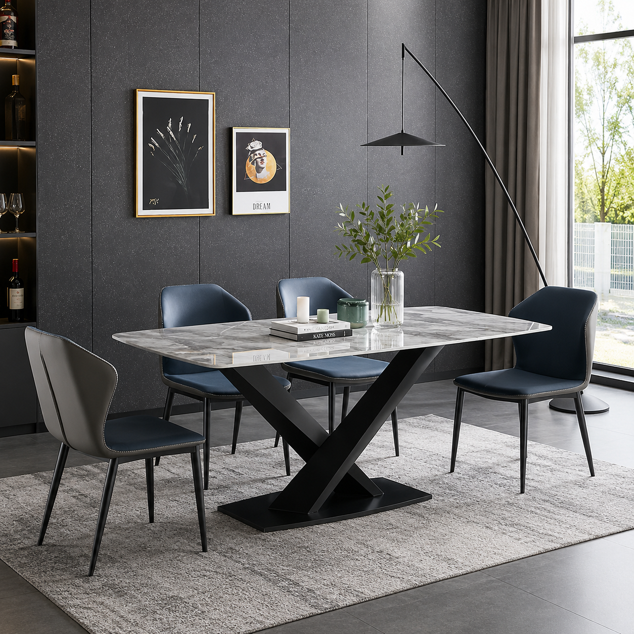 Modern Rectangular Dining Table – Grey Marble Top & X-Base