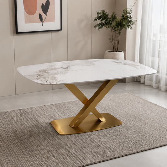 Modern Rectangular Dining Table with White Sintered Stone Top and X-Base.