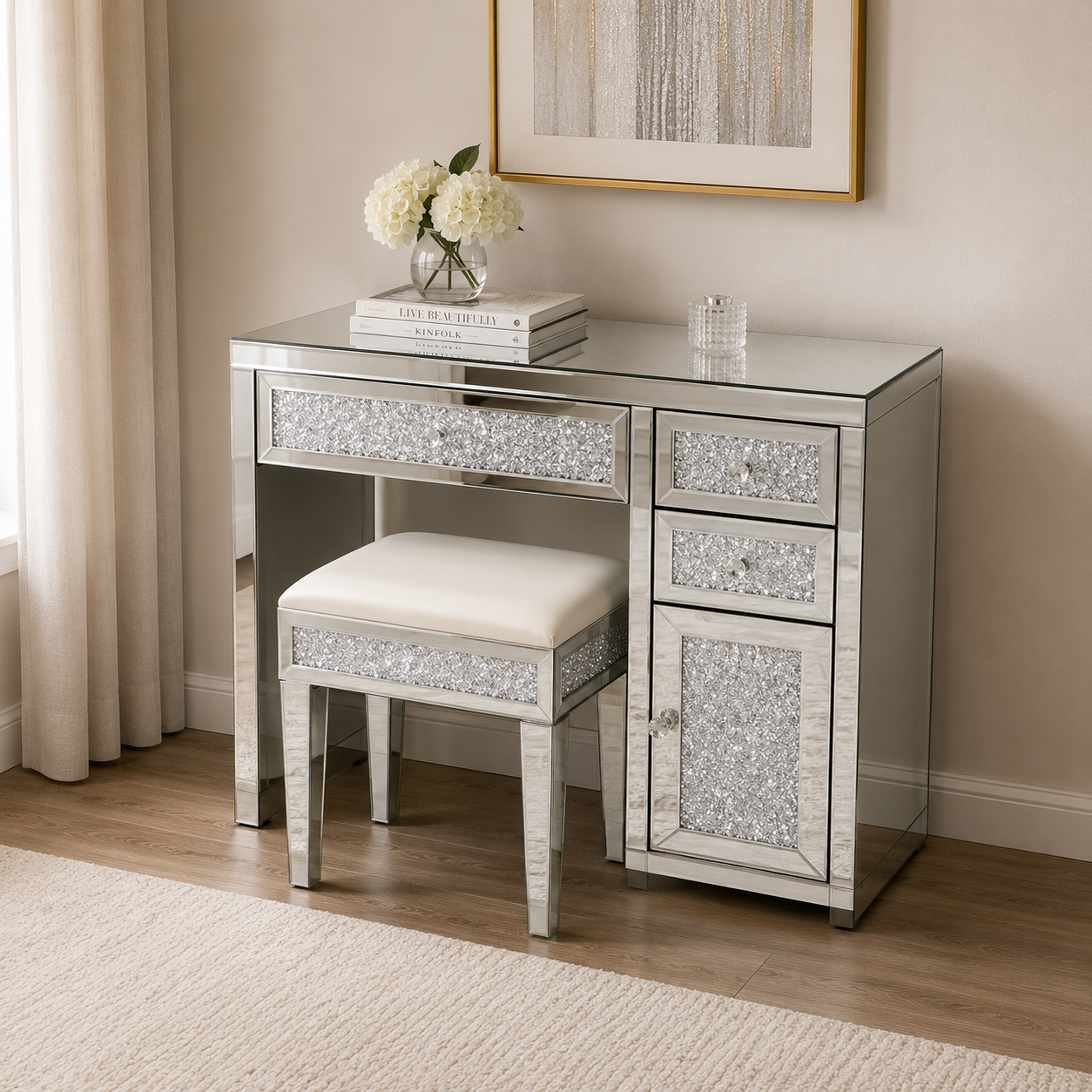 Crushed diamond dressing table featuring an exquisite design