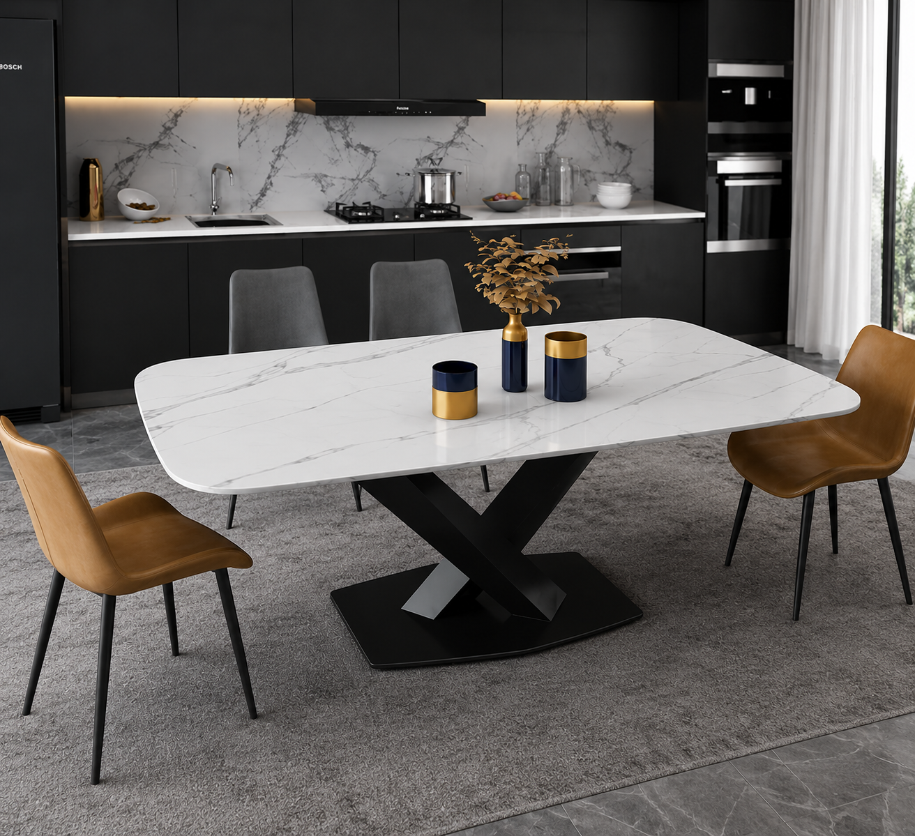 Modern Rectangular Dining Table – White Marble Top & Black X-Shaped Base
