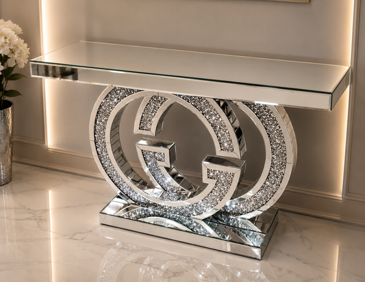 Large Elegant Mirrored Crushed Diamond Console Table for Hallway and Living Room
