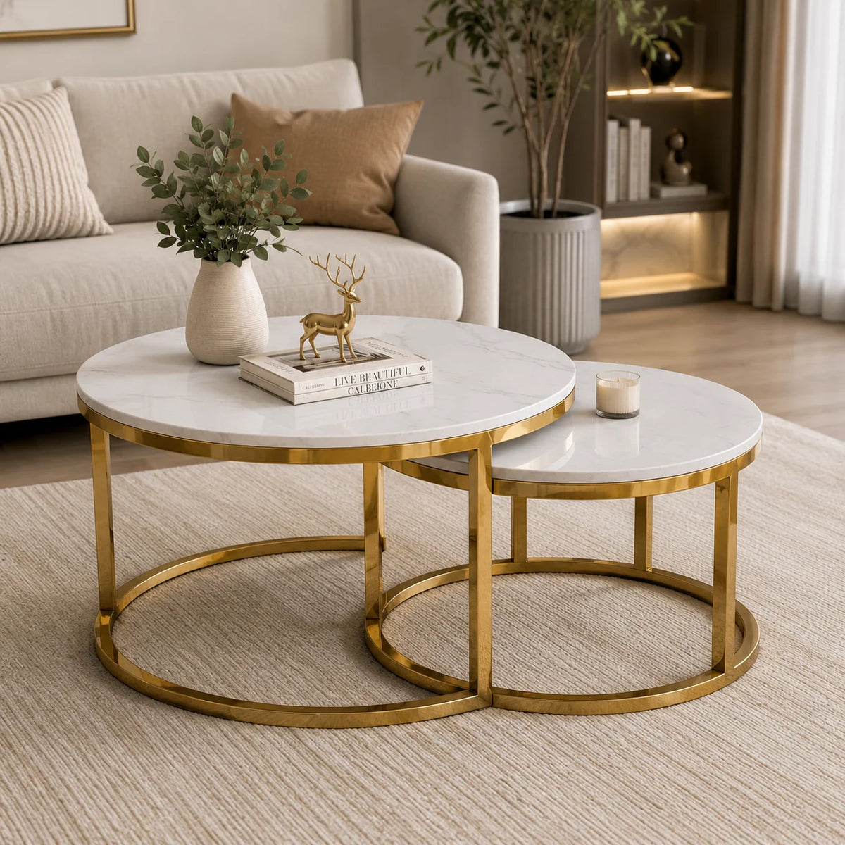 Elegant Round Marble Coffee Table: Chic Nested Furniture for Modern Living Rooms