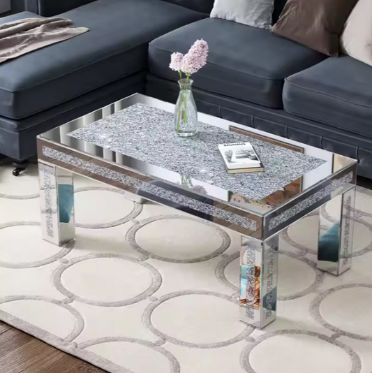 Exquisite Crystal Top Mirrored Coffee Table: Elevate Your Décor with Glamour