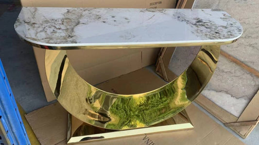 Elegant White Marble-Style Console Table with Pedestal Steel Base for Hallway