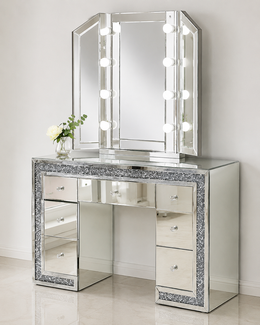 Large Mirrored Crushed Crystal 7 Drawer Dressing Table