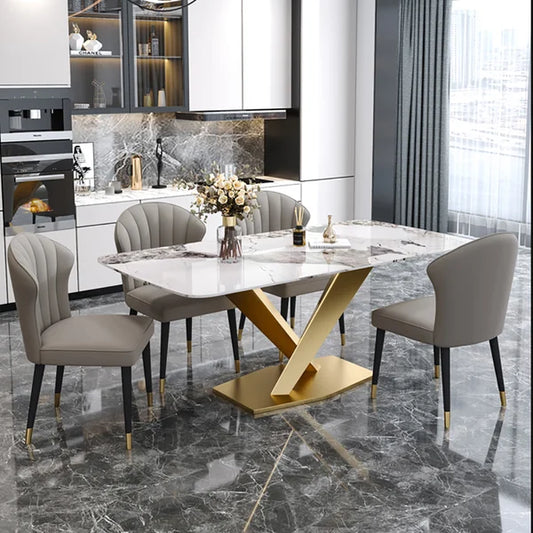 Modern Rectangular Dining Table with White Sintered Stone Top and X-Base.