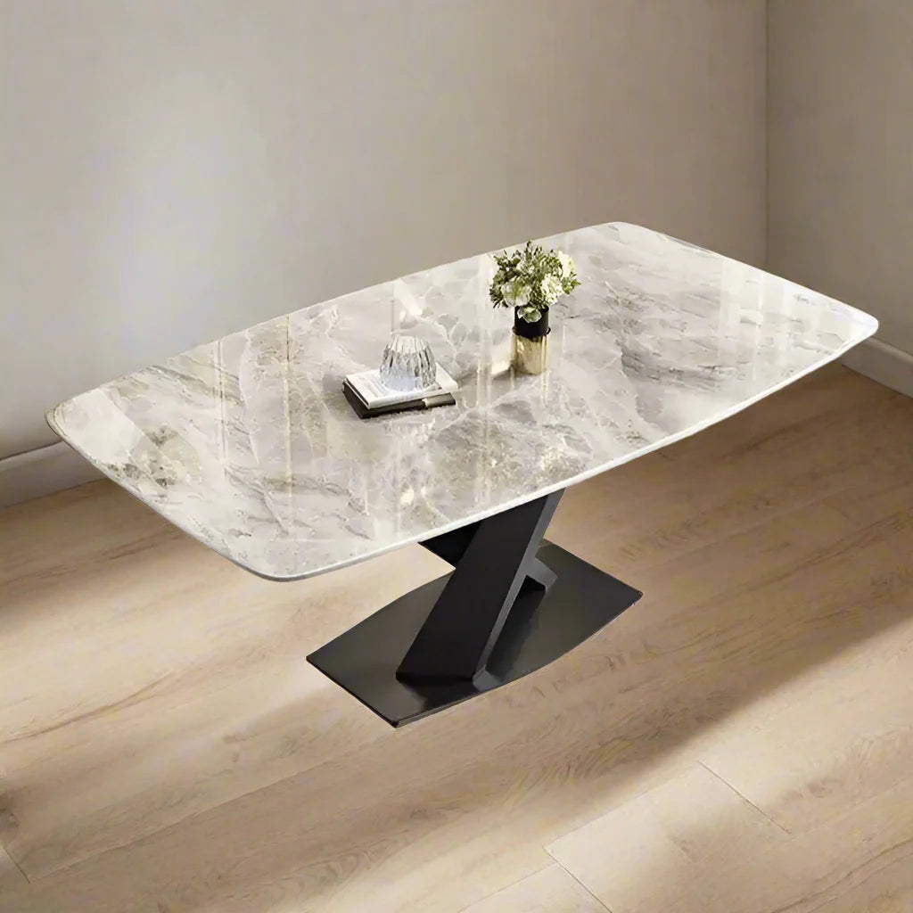 Modern Rectangular Dining Table – Grey Marble Top X-Base